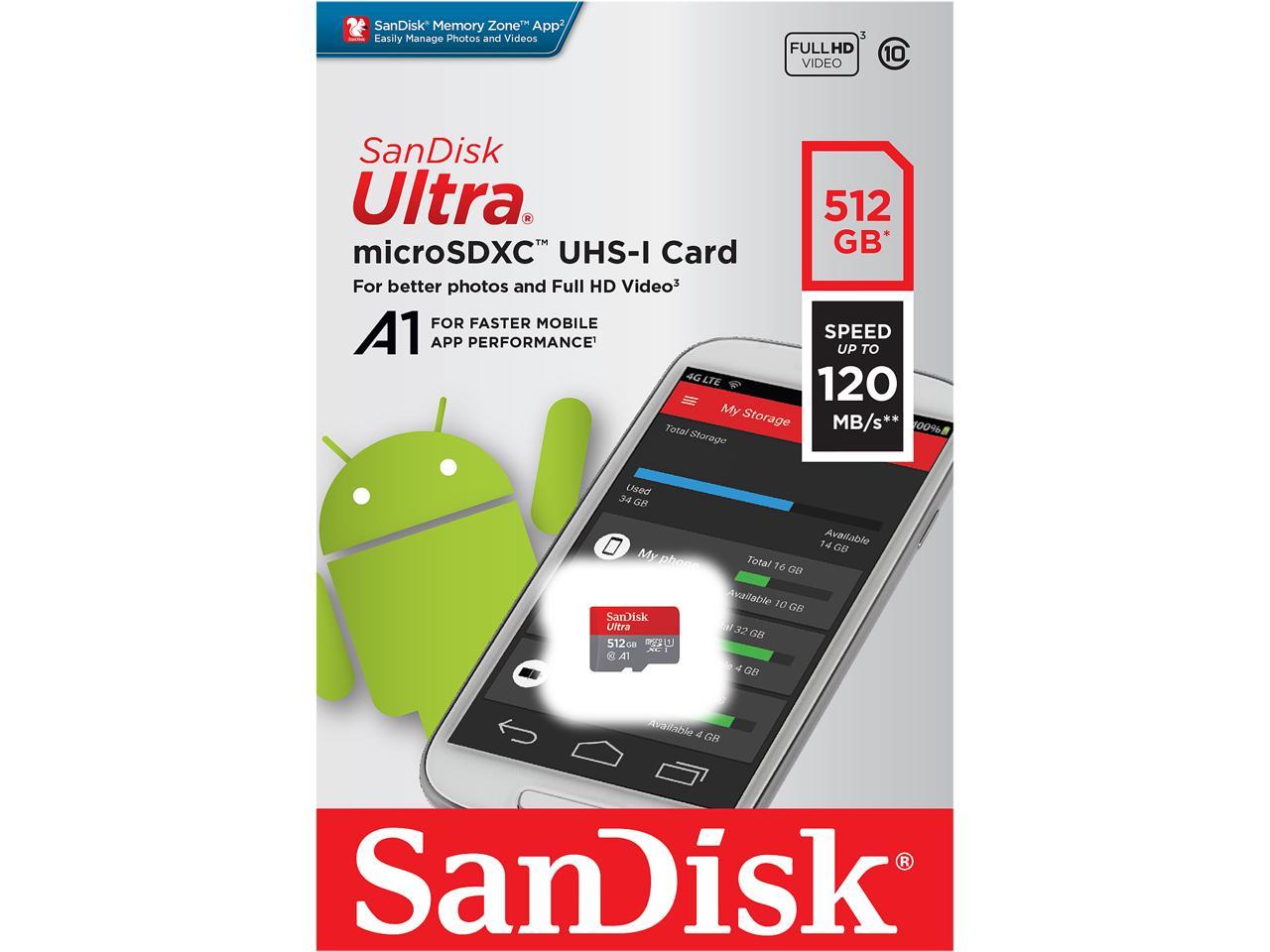 SanDisk 512GB Ultra microSDXC A1 UHS-I/U1 Class 10 Memory Card with  Adapter, Speed Up to 120MB/s (SDSQUA4-512G-GN6MA) - Newegg.com