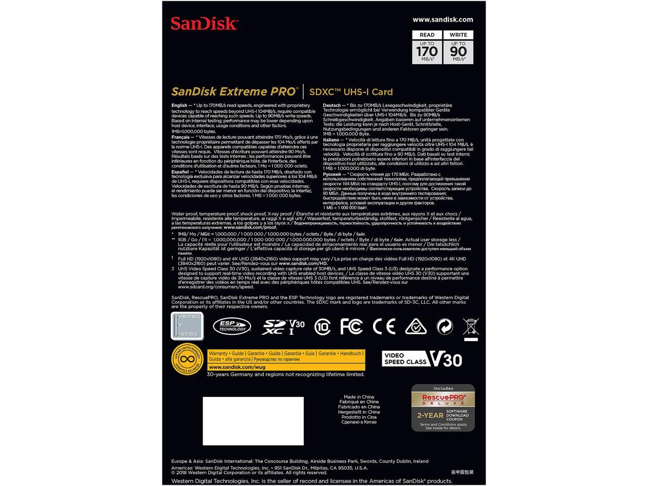 SanDisk Extreme Pro SDXC UHS-I/U3 Class 10 Memory Card Speed Up to 170MB/s 