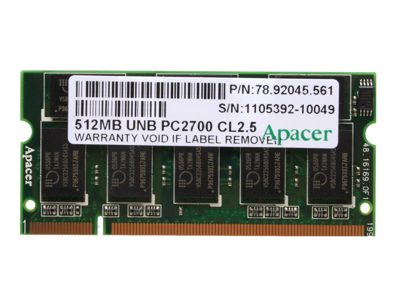 Apacer 512MB 200 Pin DDR SO DIMM DDR 333 PC 2700 Laptop Memory Model 