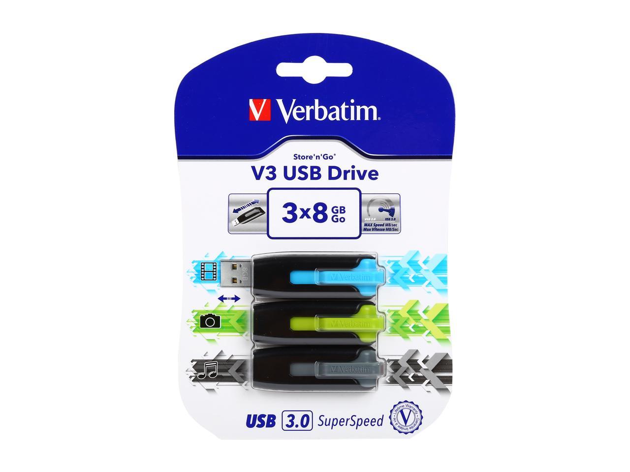 Verbatim Store 'n' Go V3 8GB USB 3.0 Flash Drive (3-Pack, Gray, Green ...