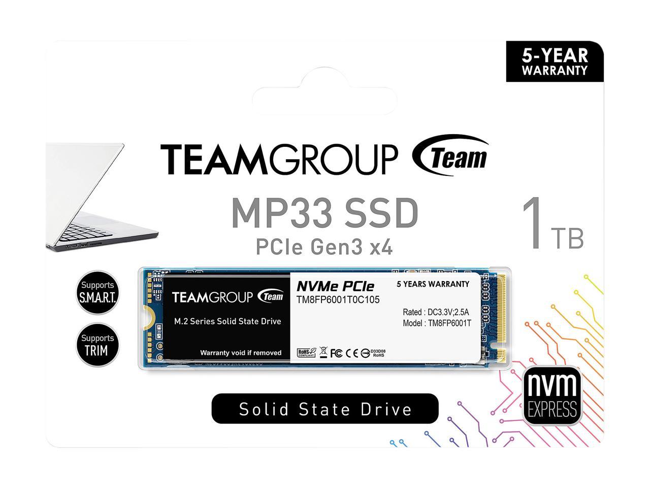 Read//Write Speed up to 1,800//1,500 MB//s TEAMGROUP MP33 1TB NVMe PCIe Gen3x4 M.2 2280 Solid State Drive SSD TM8FP6001T0C101