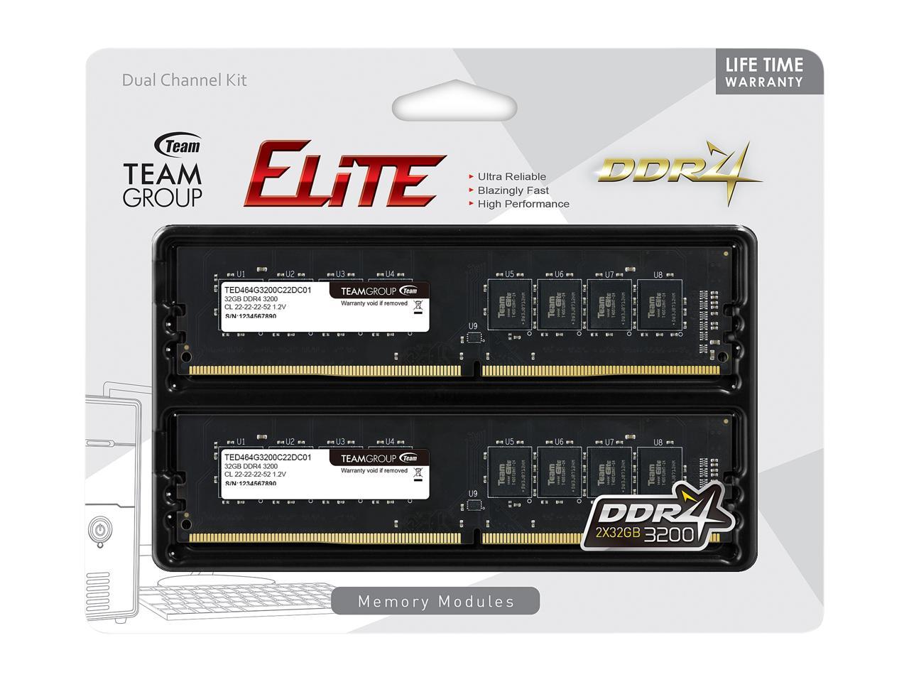 Team Elite 64GB (2 x 32GB) 288-Pin PC RAM DDR4 3200 (PC4 25600) Desktop