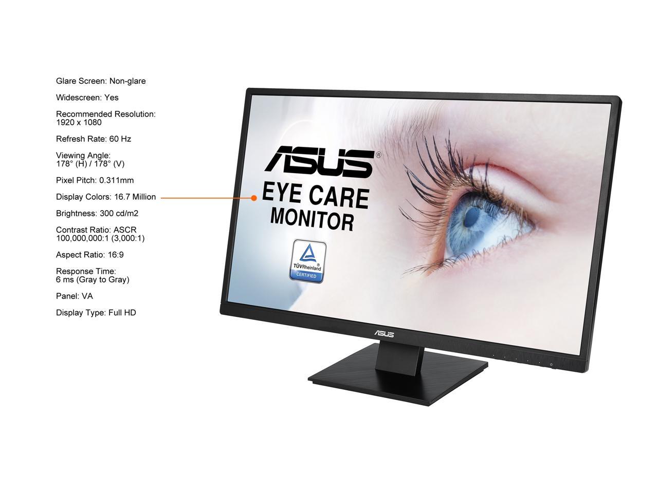 ASUS 23.8” 1080P Monitor (VA247HE) - Full HD, 75Hz,  Adaptive-Sync/FreeSync™, Low Blue Light, Flicker Free, Eye Care, VESA  Mountable, Frameless, HDMI