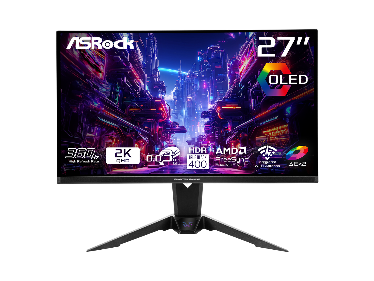 ASRock Phantom Gaming 27" QHD 2K 1440p 360Hz 0.03ms AMD FreeSync Premium Pro HDR400 OLED Gaming Computer Monitor with Height Adjustable, Swivel & Tilt stand PGO27QFV