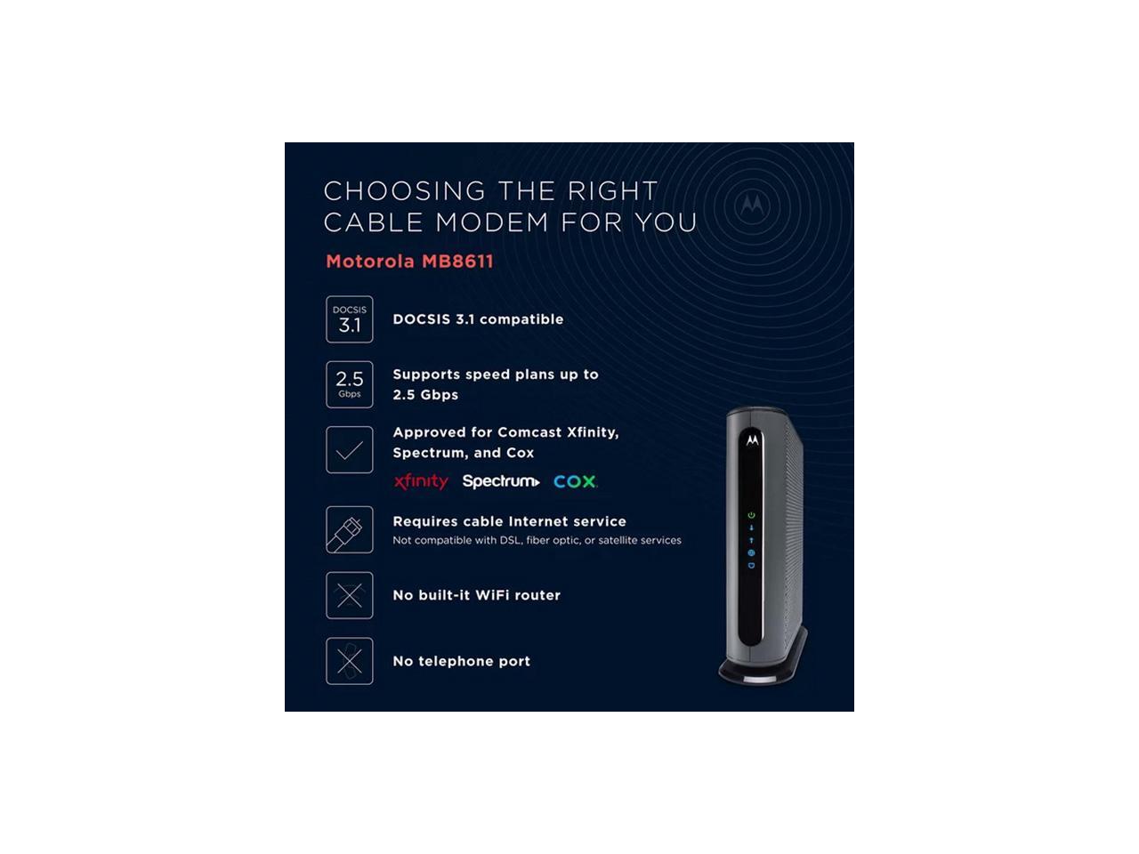 Motorola MB8611 DOCSIS 3.1 MultiGig Cable Modem Pairs with Any WiFi