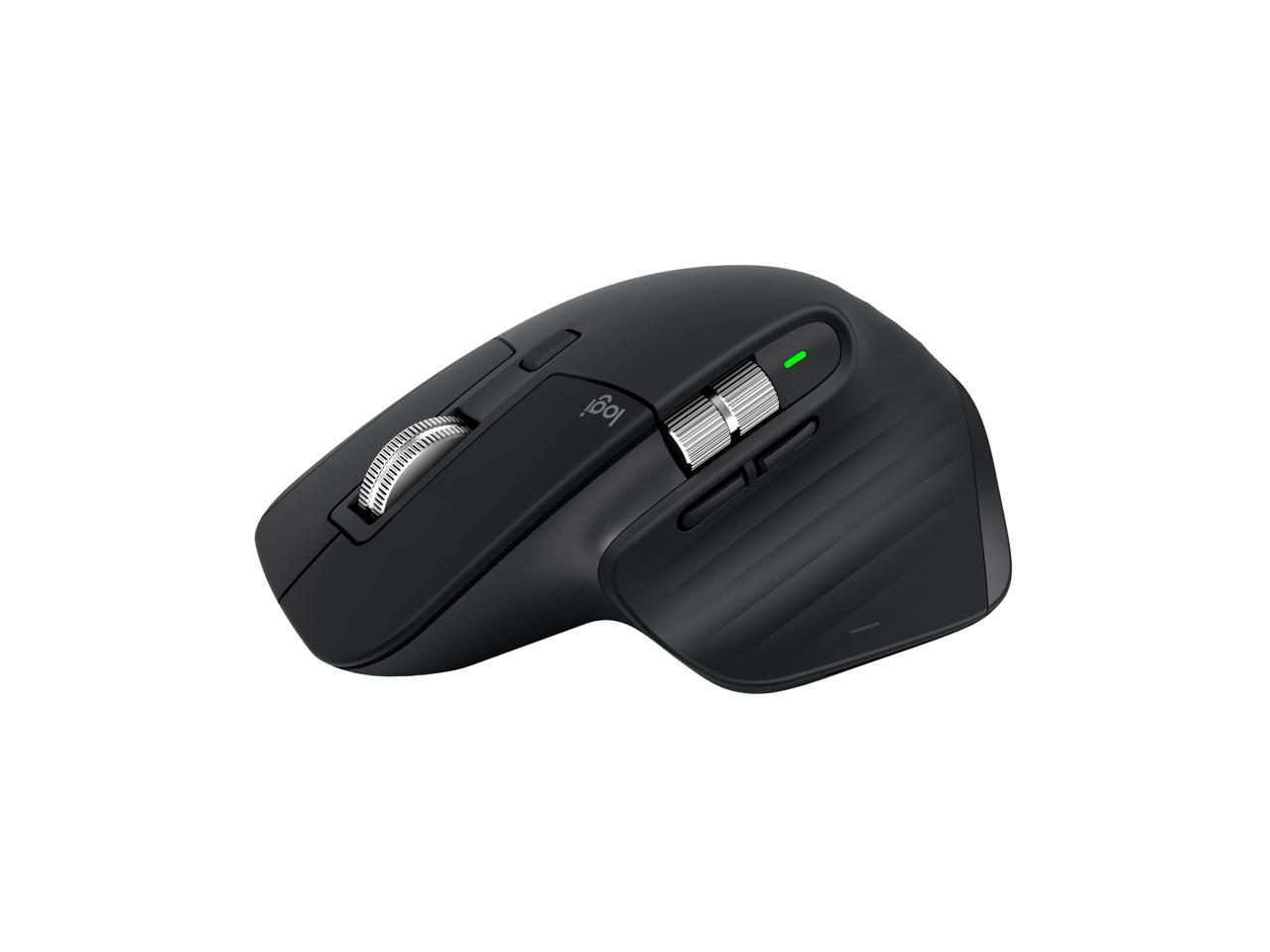 A black Logitech MX Master 3S Performance Mouse with a silver scroll wheel