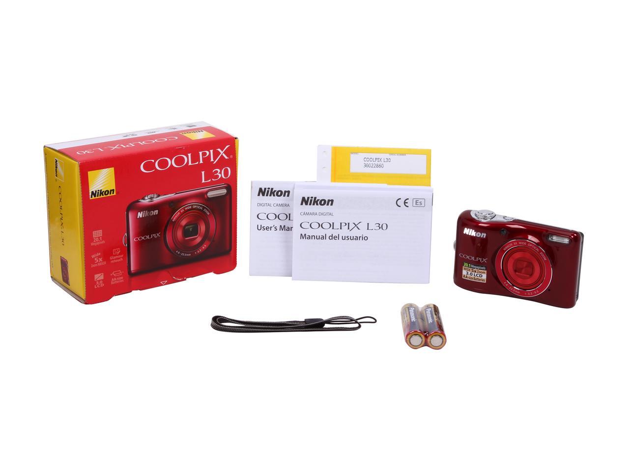 Nikon COOLPIX L30 Red 20.1 MP 26mm Wide Angle Digital Camera