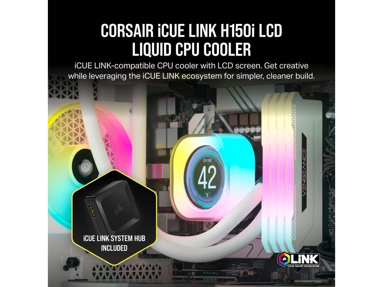 CORSAIR iCUE LINK H150i LCD Liquid CPU Cooler QX120 RGB Fans White