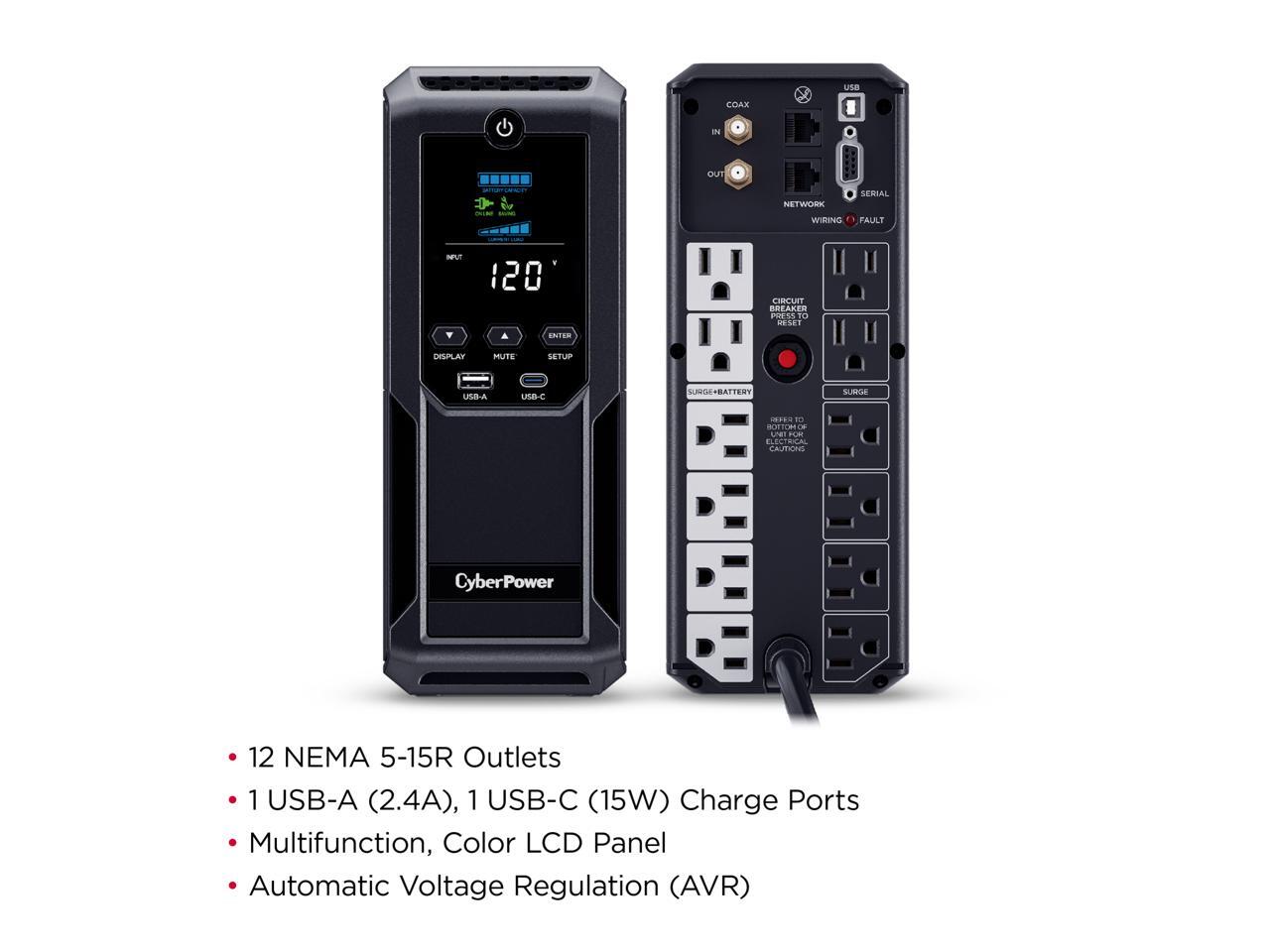 CyberPower Intelligent LCD UPS CP1500AVRLCD3 1500VA/900W, 12 Outlets, 2