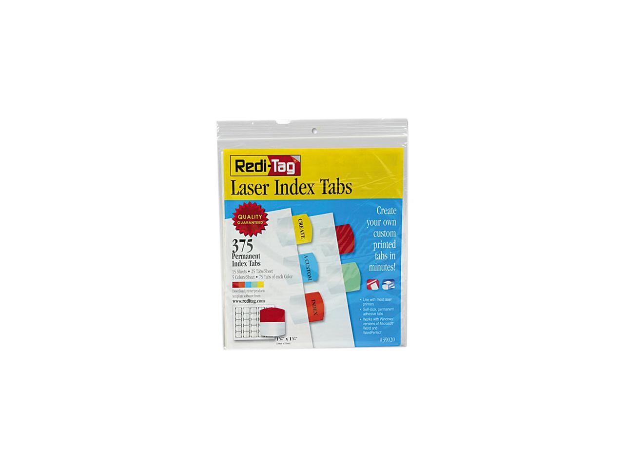 RediTag 39020 Laser Printable Index Tabs, 1 1/8 x 1 1/4, 5 Colors, 375