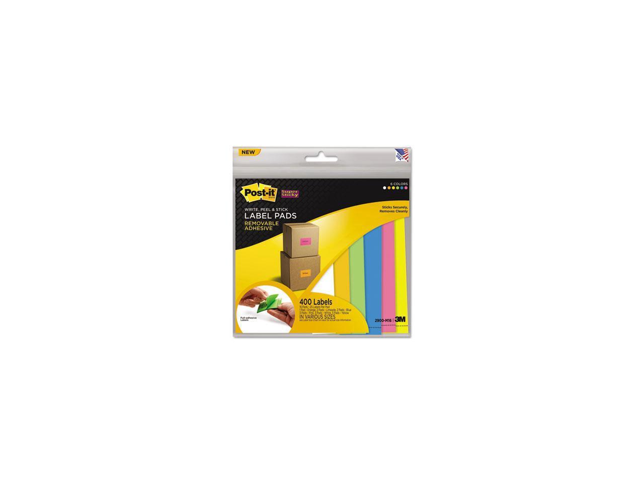 Postit 2900M16 Super Sticky Removable Label Pads, Asst Sizes/Colors