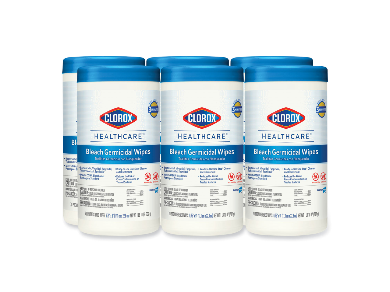 Clorox Bleach Germicidal Wipes, 6.75 x 9, Unscented, 70/Canister 6/CT