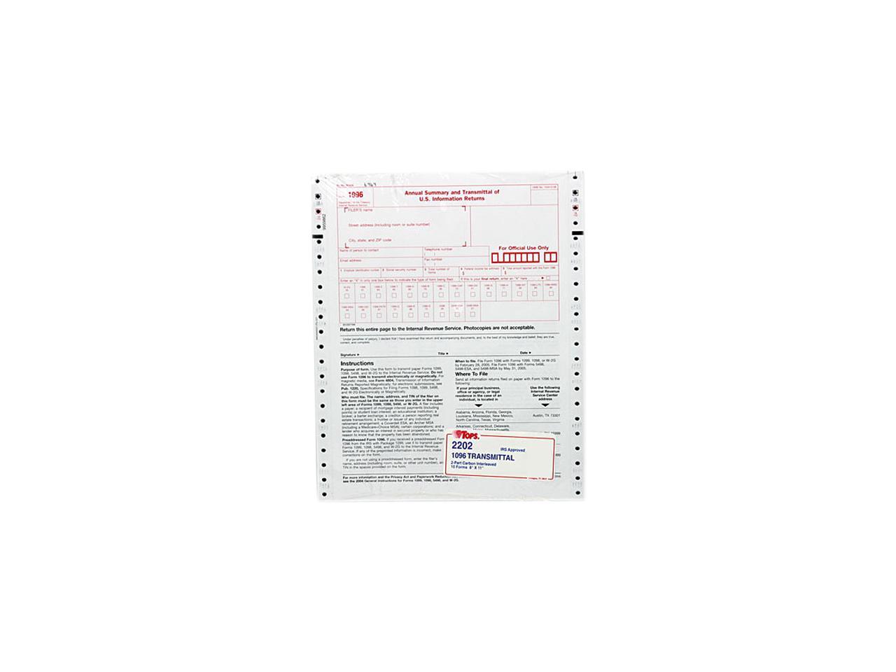 Tops 2202 1096 Irs Approved Tax Forms, 8 X 11, 2-part Carbon, 10 Contin 