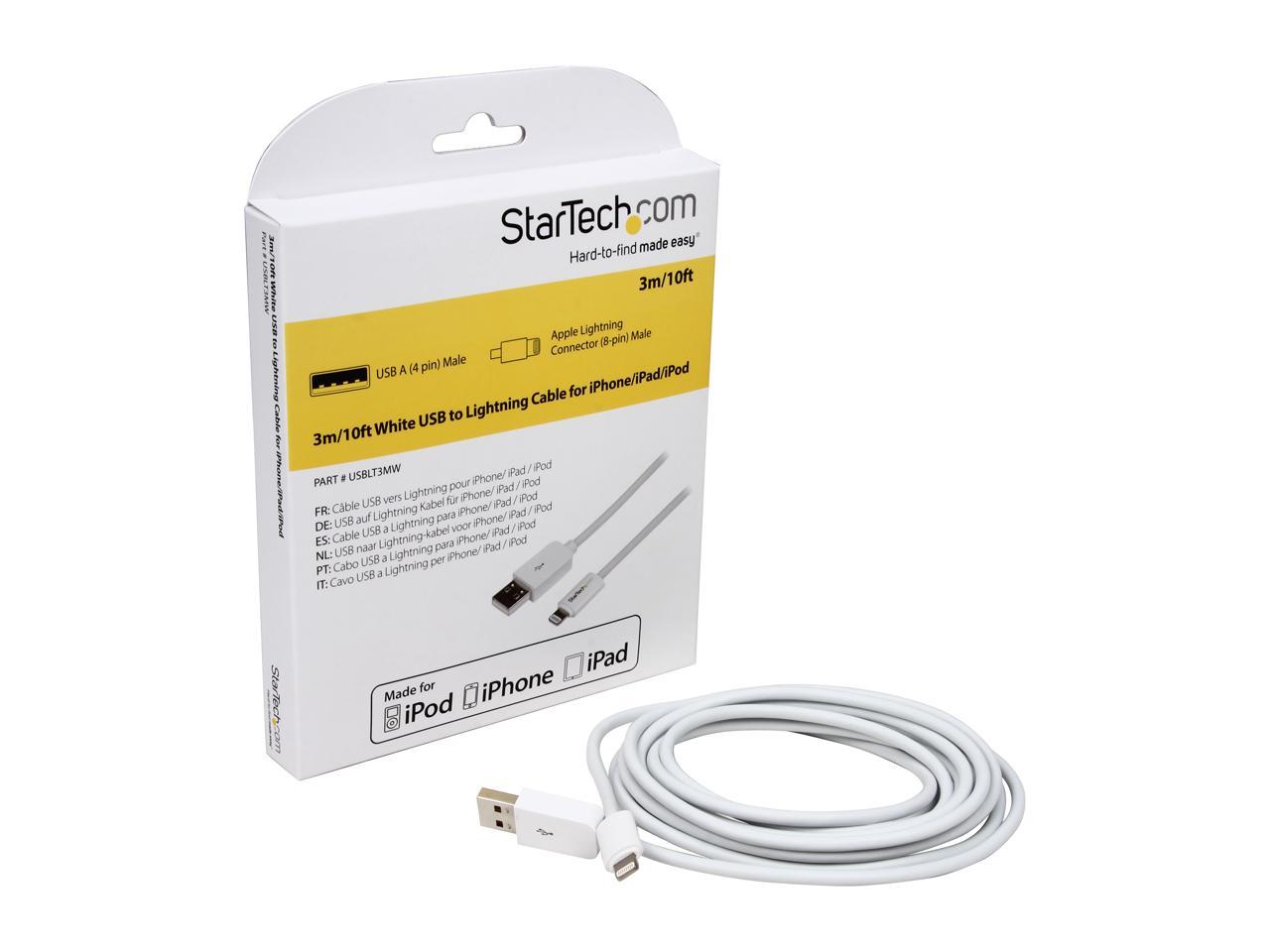 StarTech.com USBLT3MW 3m (10ft) Long White Apple® 8-pin Lightning Connector to USB Cable for iPhone / iPod / - Charge and Sync - Newegg.com