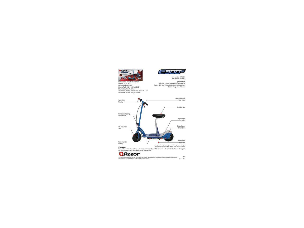 Razor E300S Seated Electric Scooter Blue