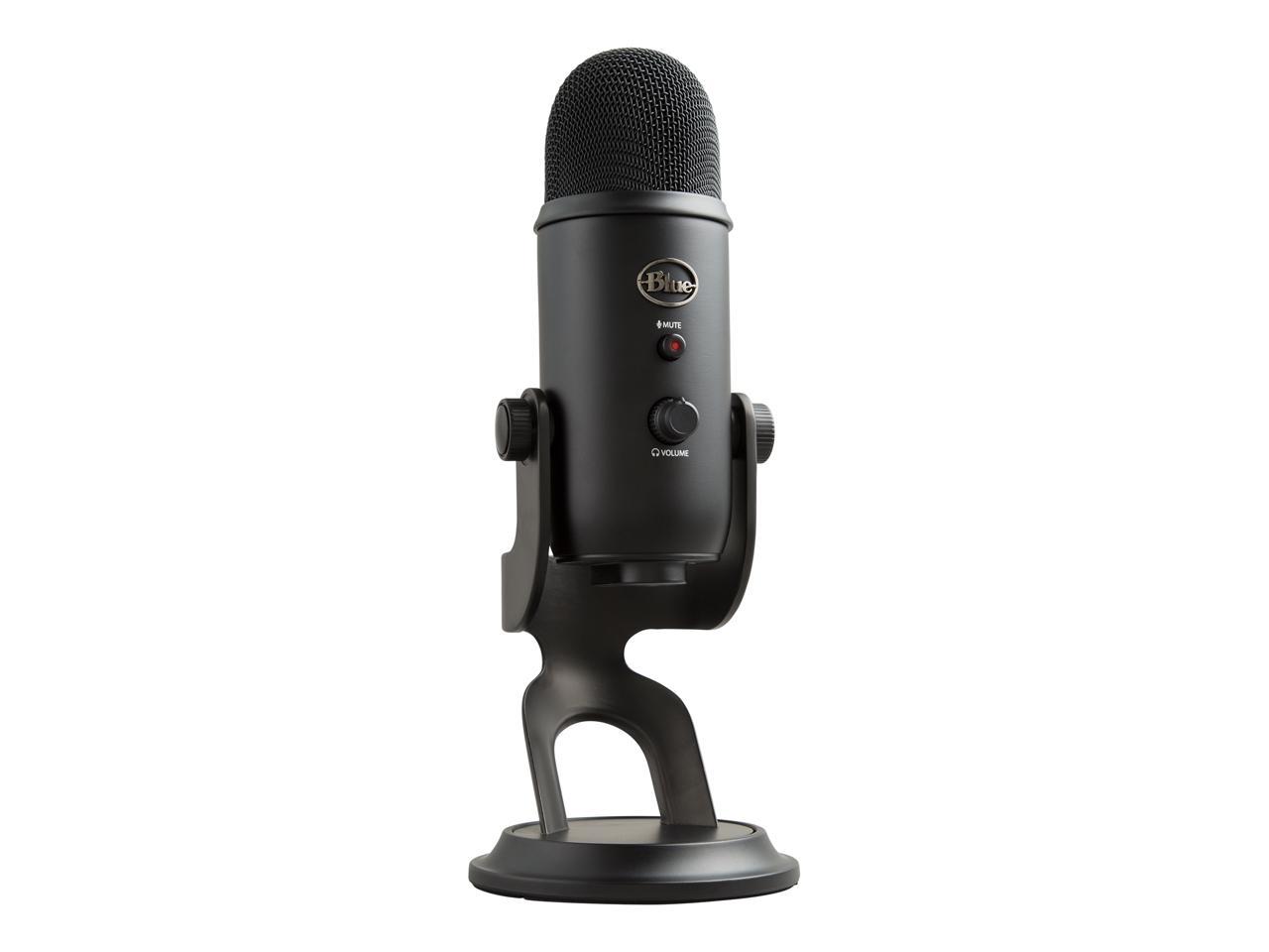 A Blackout Edition of the Logitech Blue Yeti USB Microphone with white labels and silver extrusion of the Blue logo