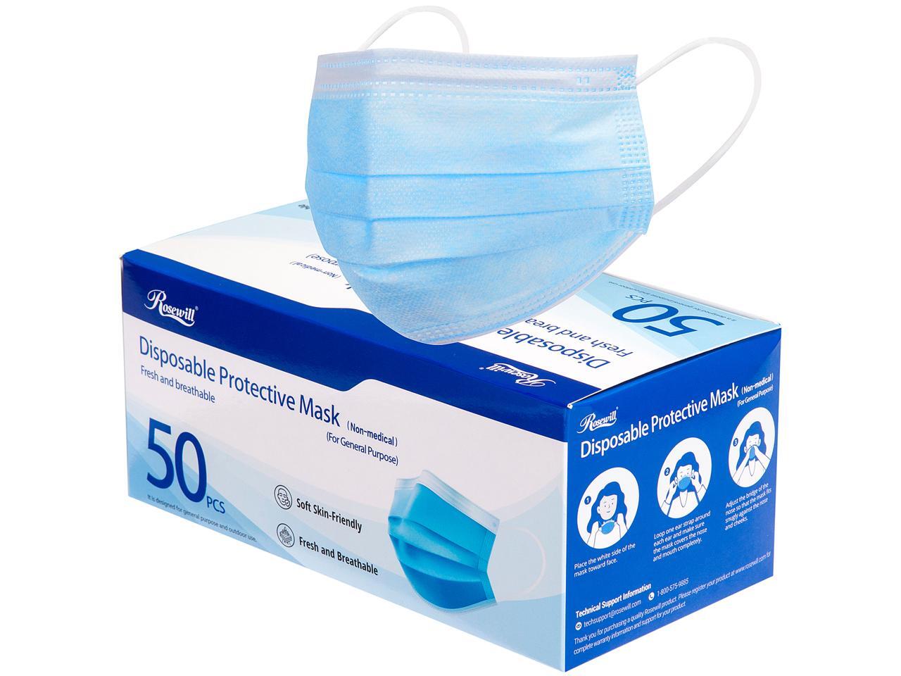 Rosewill RCFM20014 Disposable Face Masks 50 Pack Made For Daily