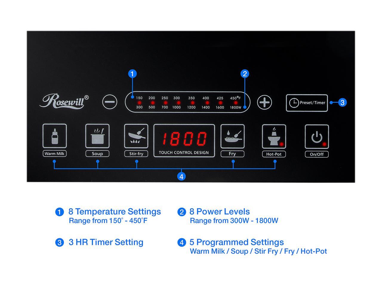 Rosewill RHAI15001 Induction Cooker Large Digital Screen Display 1800 Watt 5 Pre