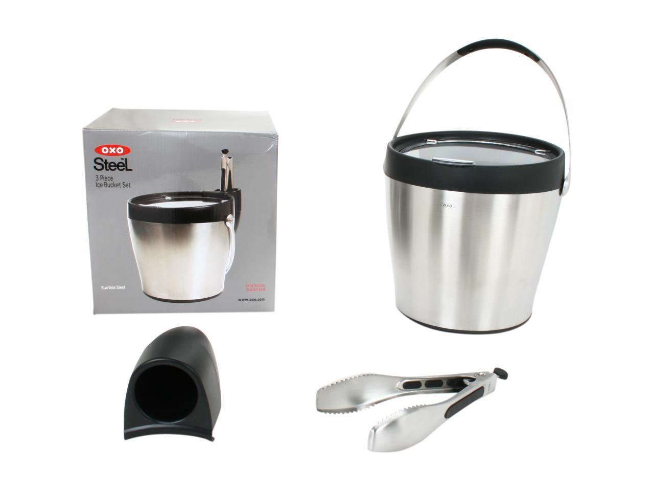 OXO 1058009 SteeL 3Piece Ice Bucket w/ Tongs & Tong Holder