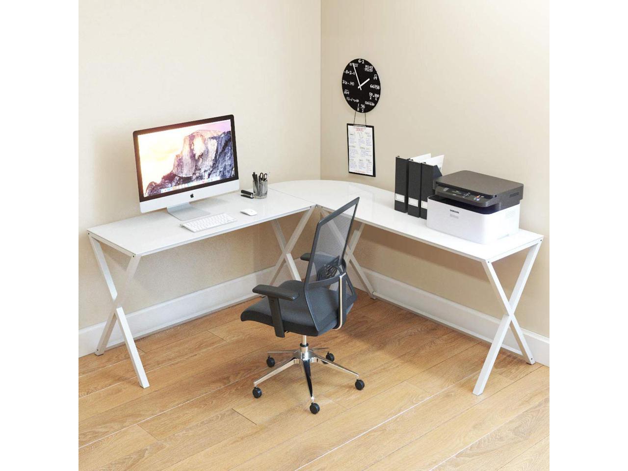 Ryan Rove Keeling 3 Piece L Shaped Computer Desk Home And Office Corner Organizer With Side Table And Keyboard Tray Laptop Monitor Accessories 51x51x29 Inches White Frame White Glass Newegg Com