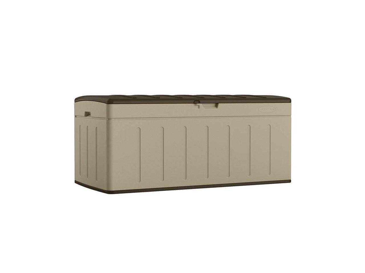 Suncast 99 Gallon Outdoor Patio Furniture Hard Plastic Deck Storage Box Sand Newegg Com