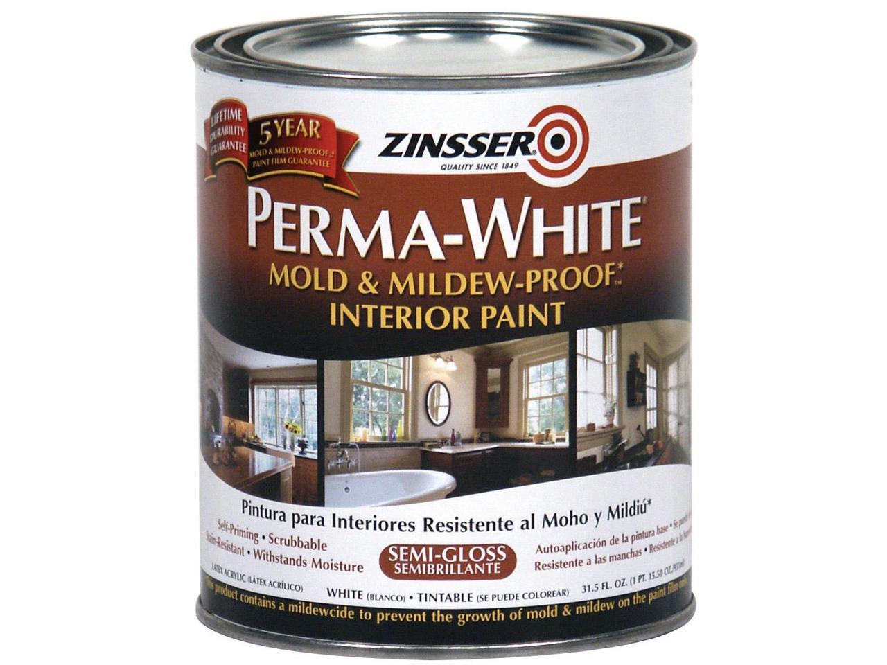 Zinsser 02754 Quart SemiGloss PermaWhite MildewProof Bathroom Paint