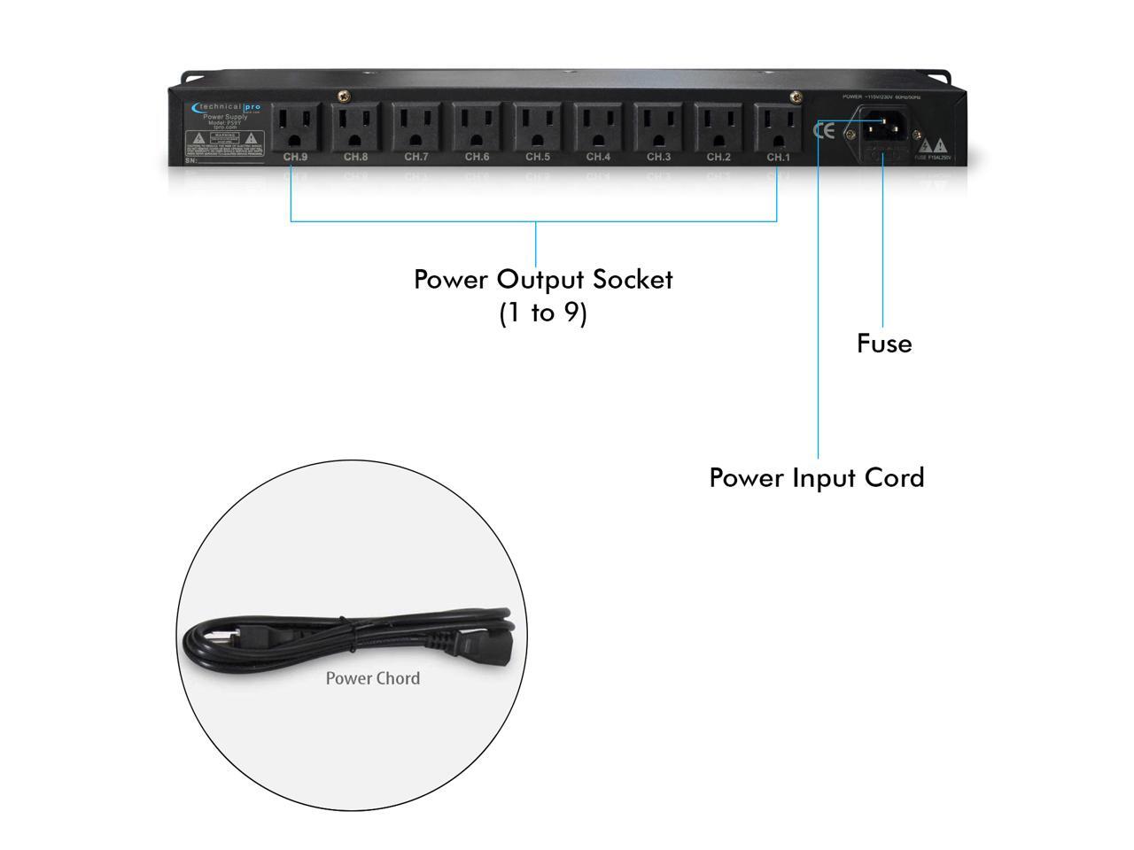 New Technical Pro Rack Mount Power Strip with 5V USB Charging Port, 9 power switches, Heavy Duty