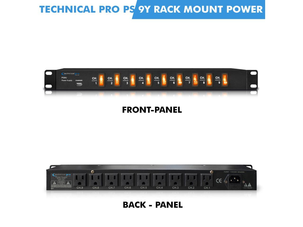 New Technical Pro Rack Mount Power Strip with 5V USB Charging Port, 9 power switches, Heavy Duty