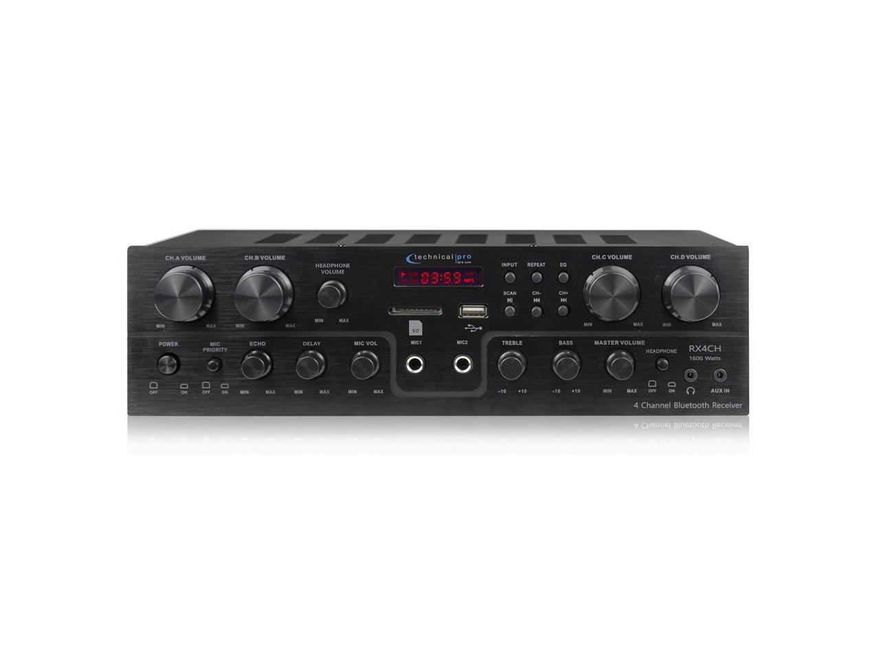 Technical Pro 1600 Watts, 4 Channel, 8 Speaker Bluetooth Receiver with
