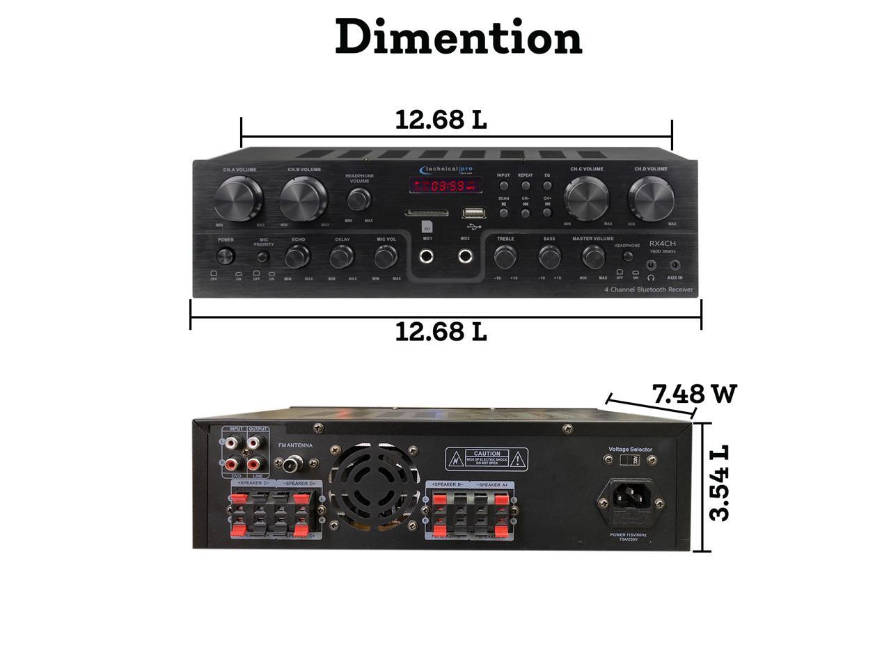 Technical Pro 1600 Watts, 4 Channel, 8 Speaker Bluetooth Receiver with