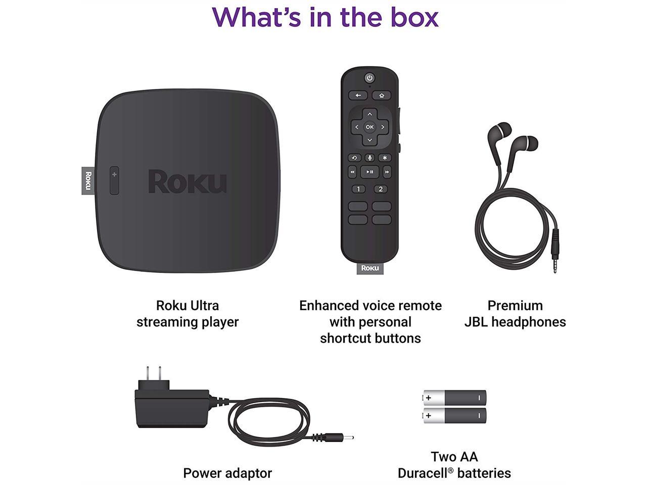 Ethernet Enhanced Voice Remote with TV Controls and Shortcuts High-Speed 4K HDMI Cabl Newest Roku Ultra Streaming Media Player 4K/HD/HDR Bundle HDMI Premium JBL Headphones and Micro SD Ports 