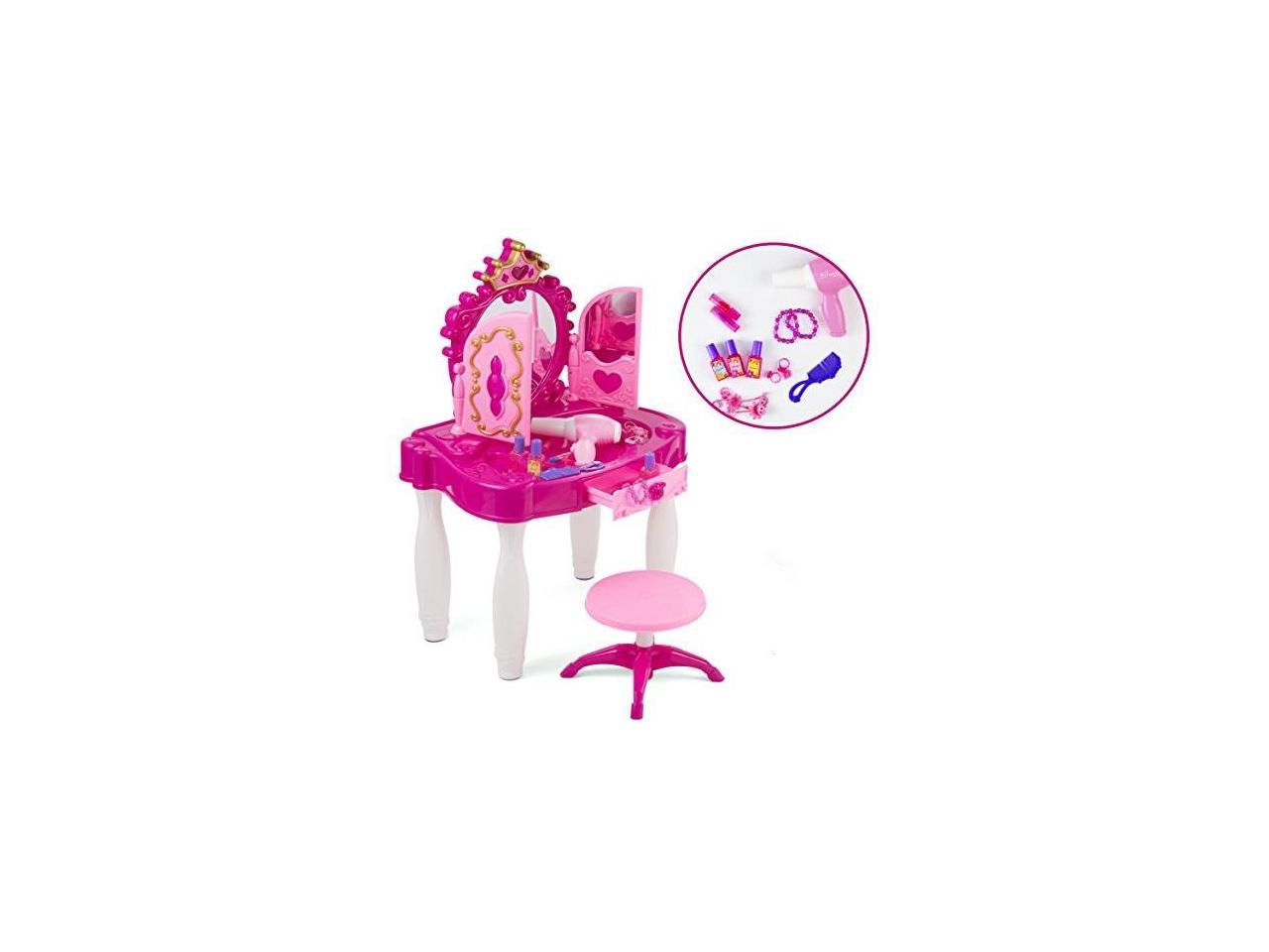 Pretend Play Kids Vanity Table and Chair Beauty Mirror and Accesories Play Set with Fashion & Makeup Accessories for Girls 