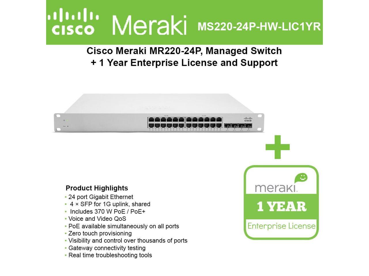 1 Cisco Meraki MS220-24P-HW 24-Port GbE and Poe Switch Unclaimed Cloud Managed 