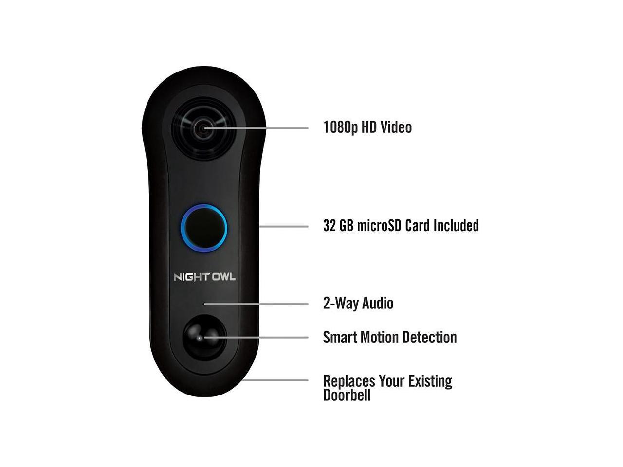 Night Owl Security 1080p Smart Doorbell with 32GB microSD Card, Black ...