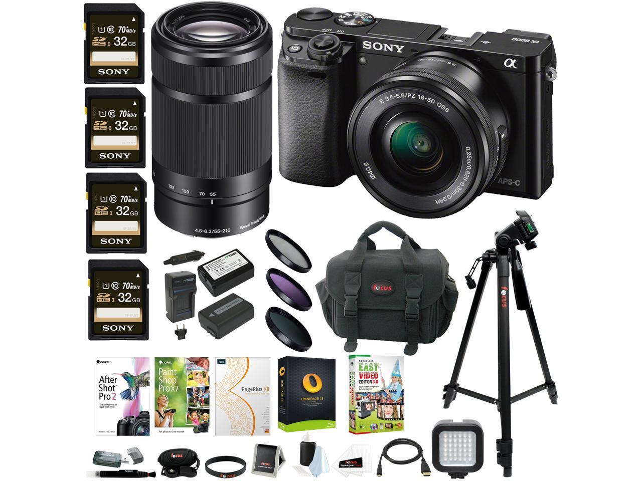 Sony Alpha a6000 Mirrorless Camera w/ 16-50mm & 55-210mm Lens & Four