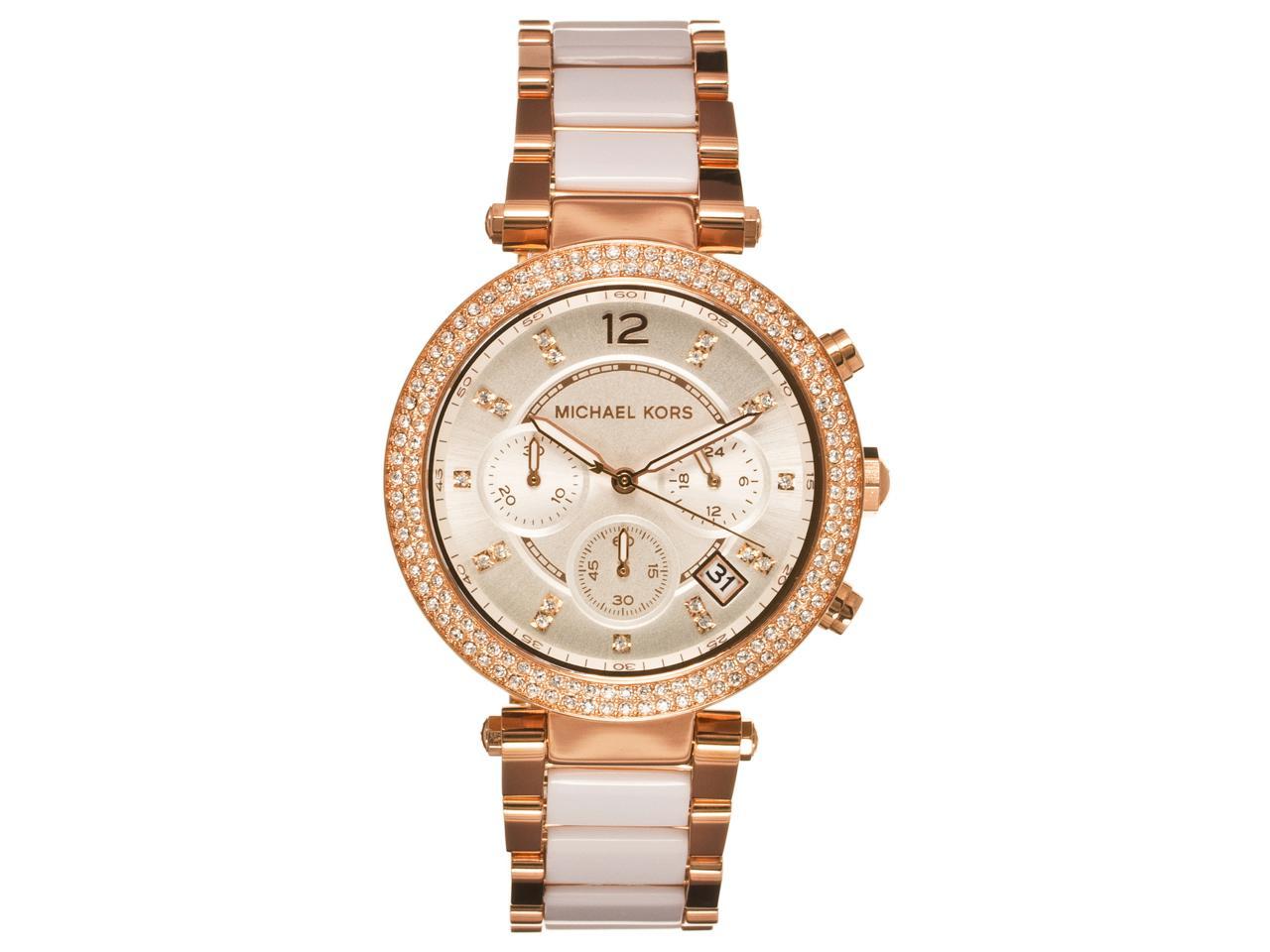 michael kors women's white and rose gold watch