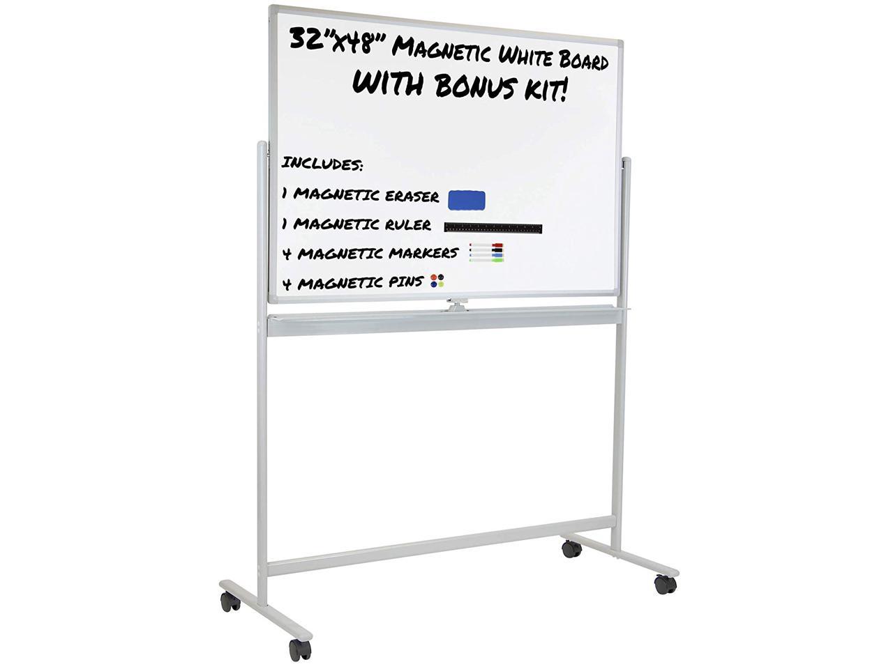 Mobile Whiteboard Rolling Magnetic Double Sided White Dry Erase Board on Wheels 48 x 32 Inches Portable Writing Standing White Boards Easel with 4 Markers 1 Eraser 10 Magnets 1 Ruler 
