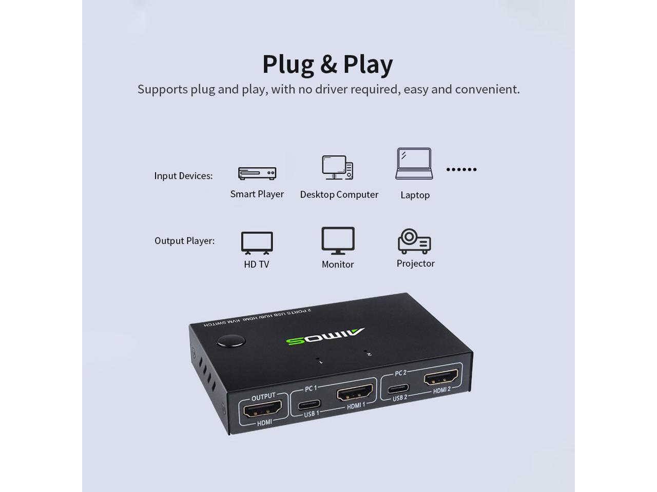 AIMOS AMKVM201CC 2Port HDMI KVM Switch Support 4K*2K30Hz HDMI KVM