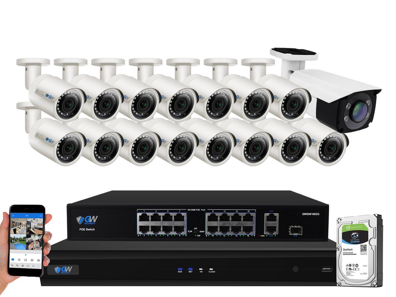 Gw 16ch 4k Nvr Poe System With 1 X 2mp 1080p 60fps Poe Lpr License Plate Camera And 15 X 5mp Poe Ip Camera H 265 Hevc Day Night Weather Proof 8tb Hdd