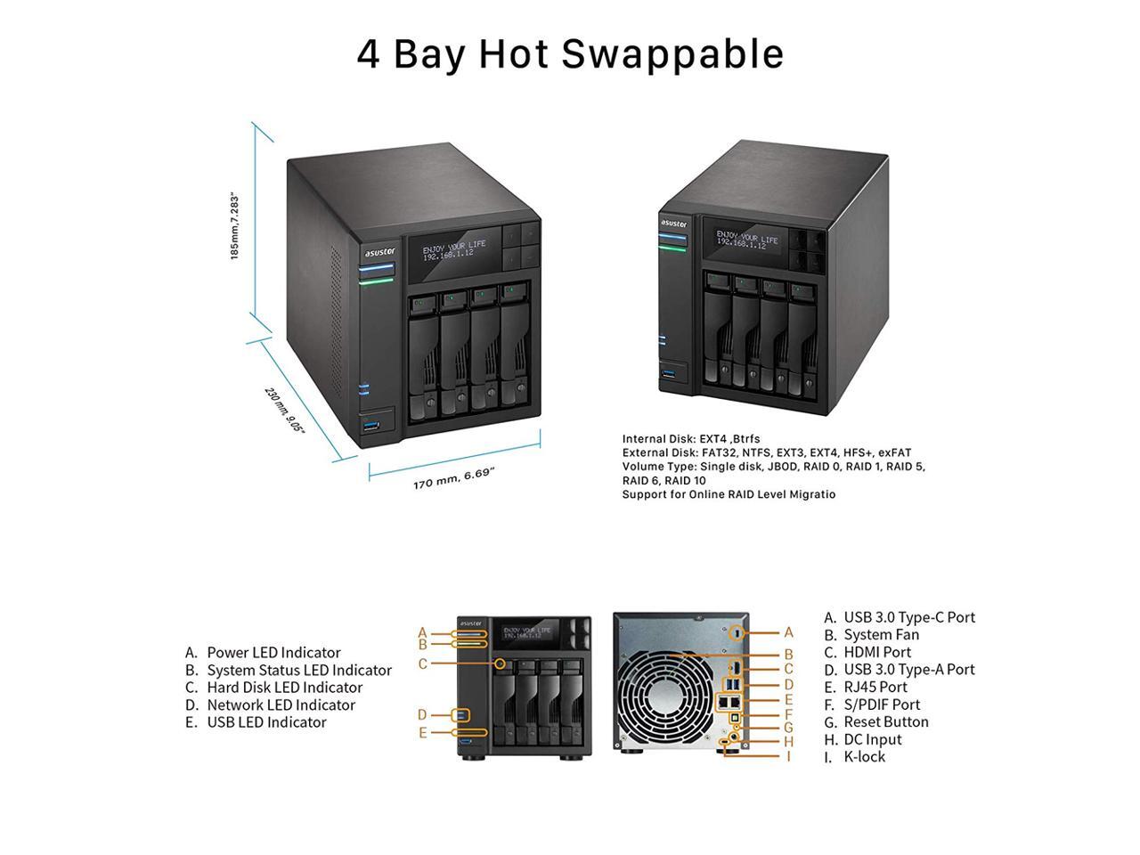 8GB RAM Personal Private Cloud Home or Business Data Media Server 1.5GHz Quad-Core Network Attached Storage Asustor AS6404T AS-RC13 Remote 4 Bay Diskless NAS