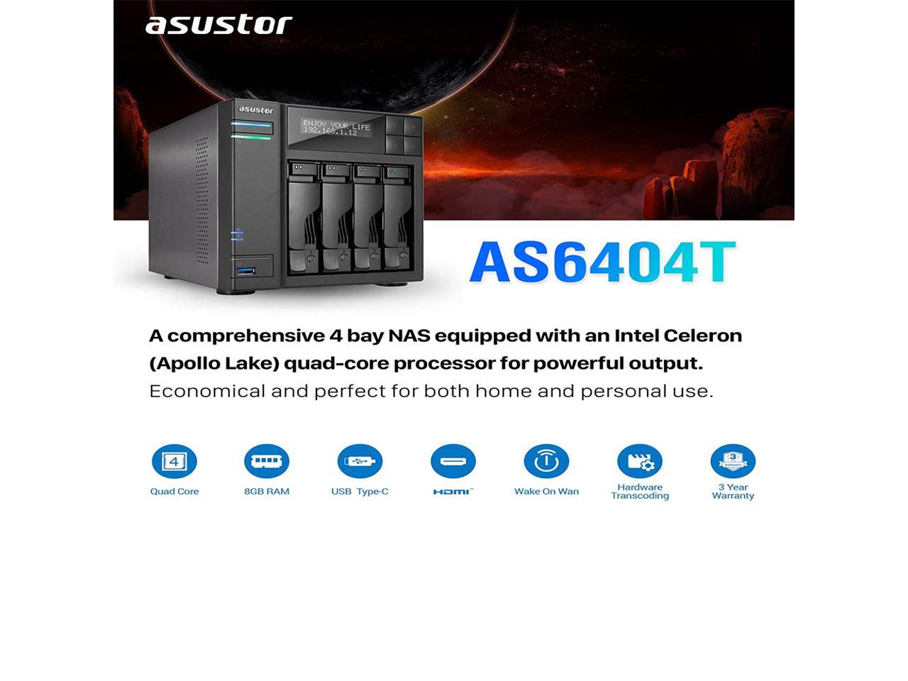 8GB RAM Personal Private Cloud Home or Business Data Media Server 1.5GHz Quad-Core Network Attached Storage Asustor AS6404T AS-RC13 Remote 4 Bay Diskless NAS