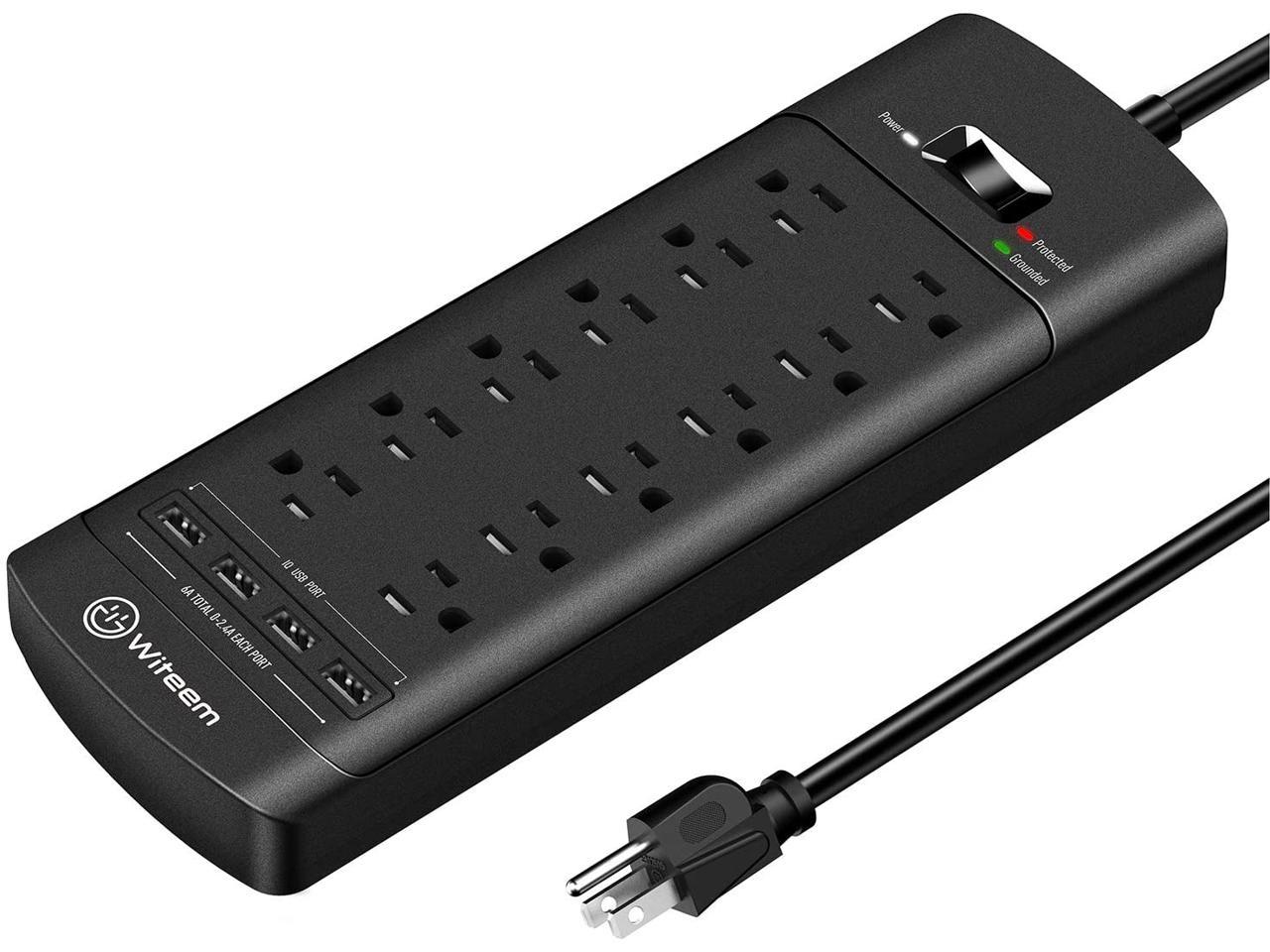 1875W/15A 4360 Joules Witeem 12 Outlets Power Strip and 4 Smart USB Charging Ports 6 Feet Heavy Duty Extension Cord Surge Protector with USB ETL Listed 5V/3.4A Black Flat Plug 