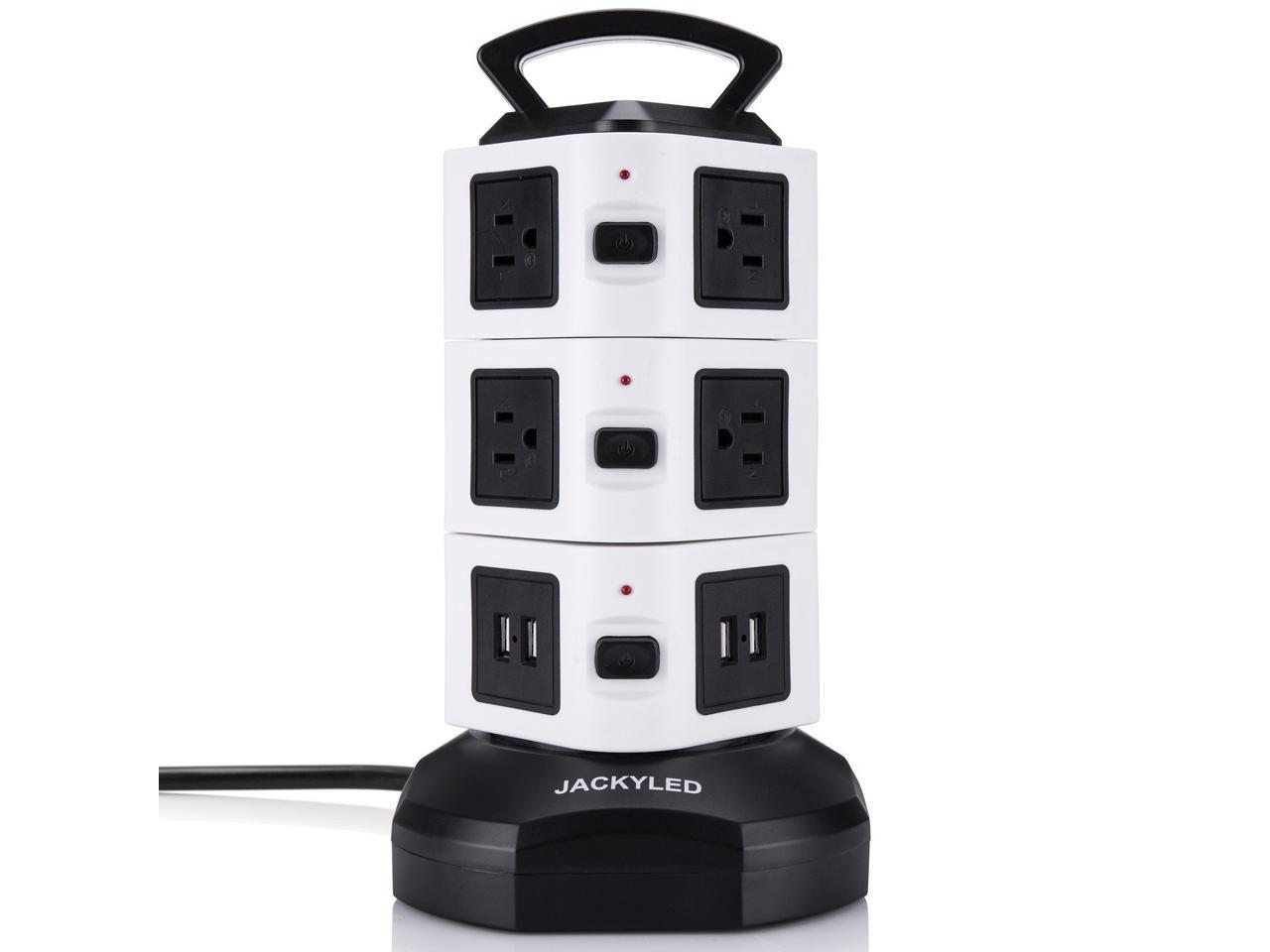 Power Strip Tower JACKYLED Surge Protector Electric Charging Station 3000W  13A 16AWG 10 Outlet Plugs with 4 USB Slot + 6ft Cord Wire Extension 
