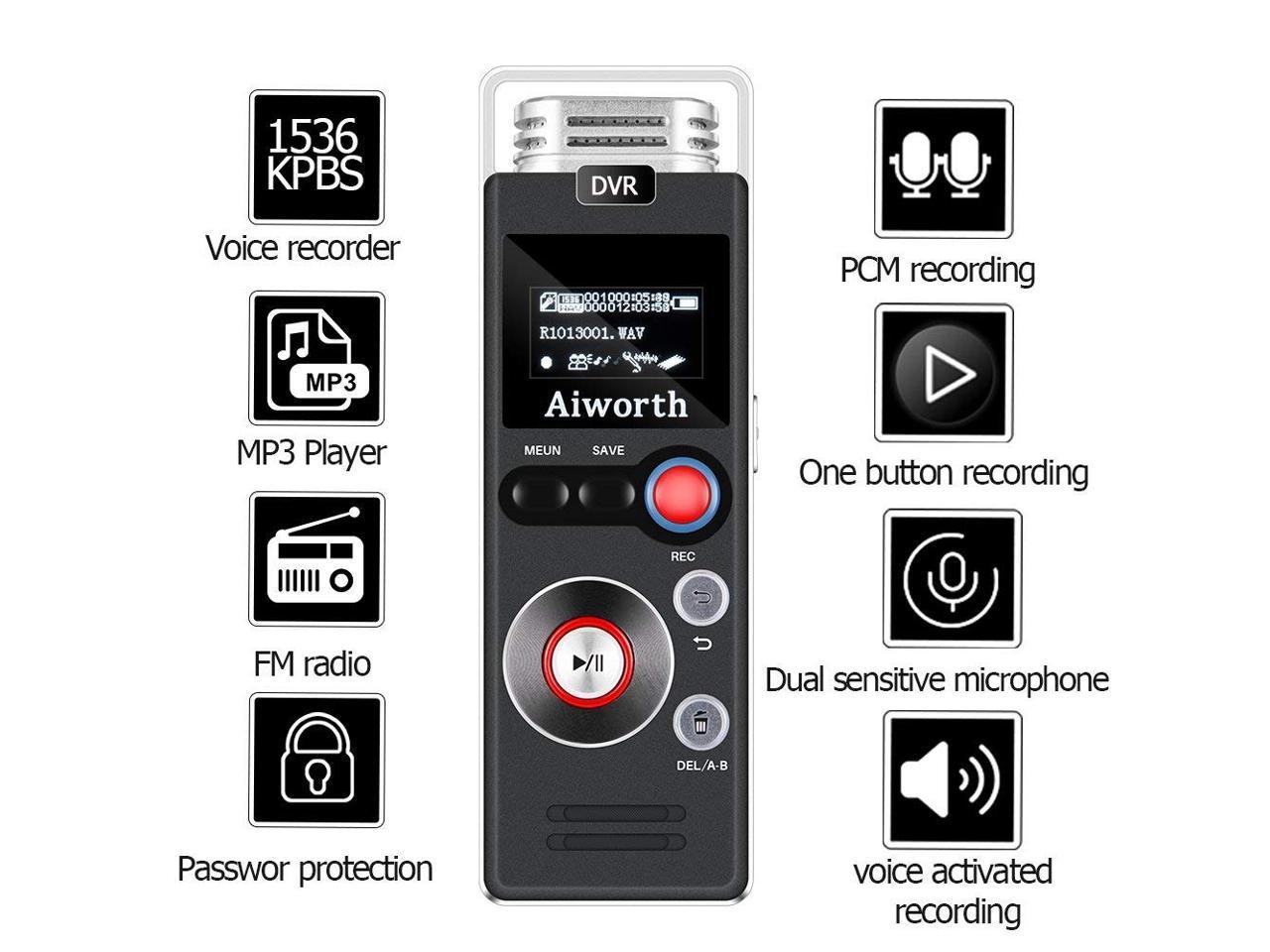GXLO 4/8/16 32GB Multifunktionaler Digital-Voice-Recorder Wiederaufladbarer Diktiergerät-Stereo-Voice-Recorder mit MP3-Player Perfekt für Gesprächen und Meetings 
