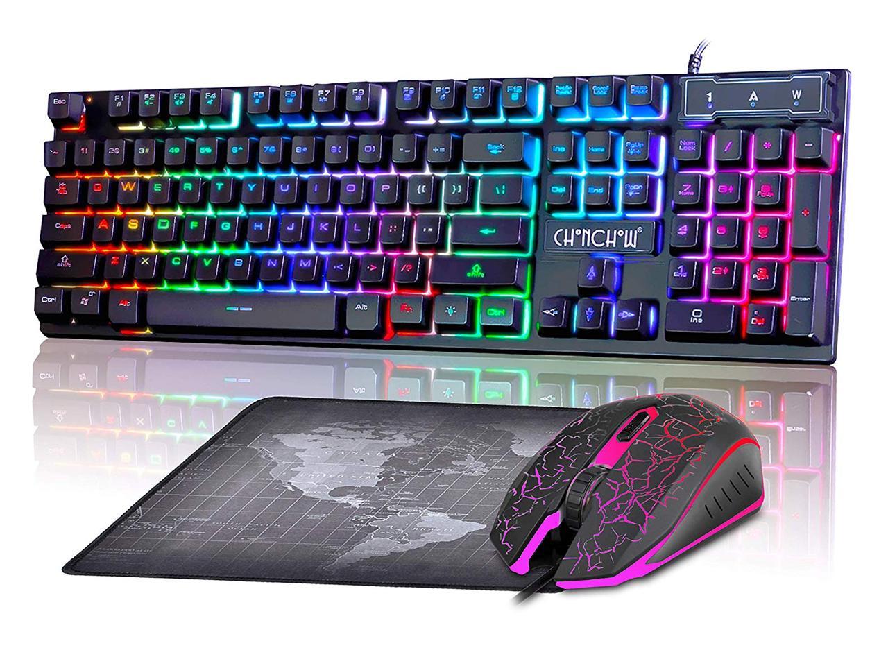 CHONCHOW LED Backlit Wired Gaming Keyboard and Mouse Combo Mechanical Feeling Rainbow Backlight Emitting Character 4800DPI Adjustable USB Mice Compatible with PC Resberry Pi iMac TDW910 White