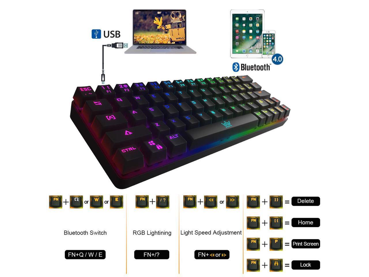 63 Keys Compact RGB Backlit Gaming keyboard with 1900 mAh,Full Anti-ghosting Keys for Gamers and Typists Red Switch DIERYA 60% Mechanical Keyboard,Bluetooth 4.0 Wired/Wireless keyboard