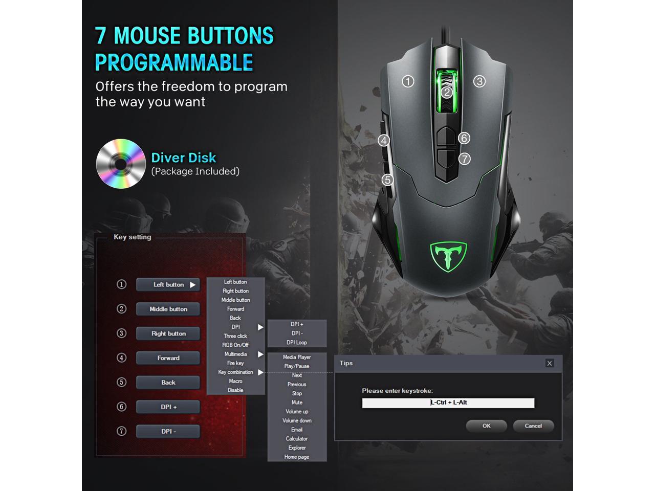 PICTEK Gaming Mouse Wired [7200 DPI] [Programmable] [Breathing Light