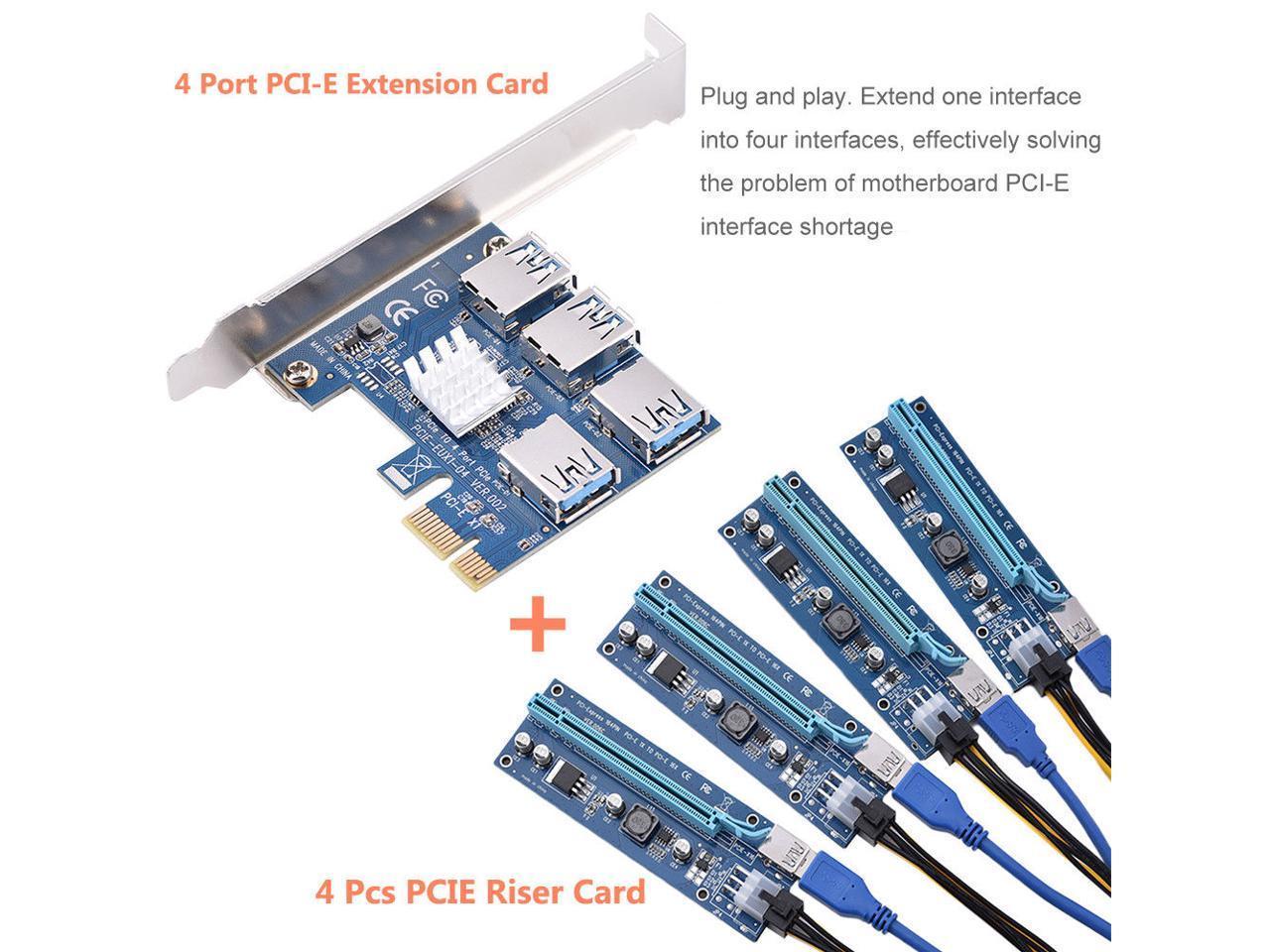 PCI-E Riser Card Pcie USB 3.0 Expansion Card Pcie 1 to 4 Adatper PCI-E USB 3.0 Card Pcie 1x to 16x Splitter Pcie Riser Cards Mother Board Graphics Card with 4pack Pcie Riser Cable for Bitcoin Mining