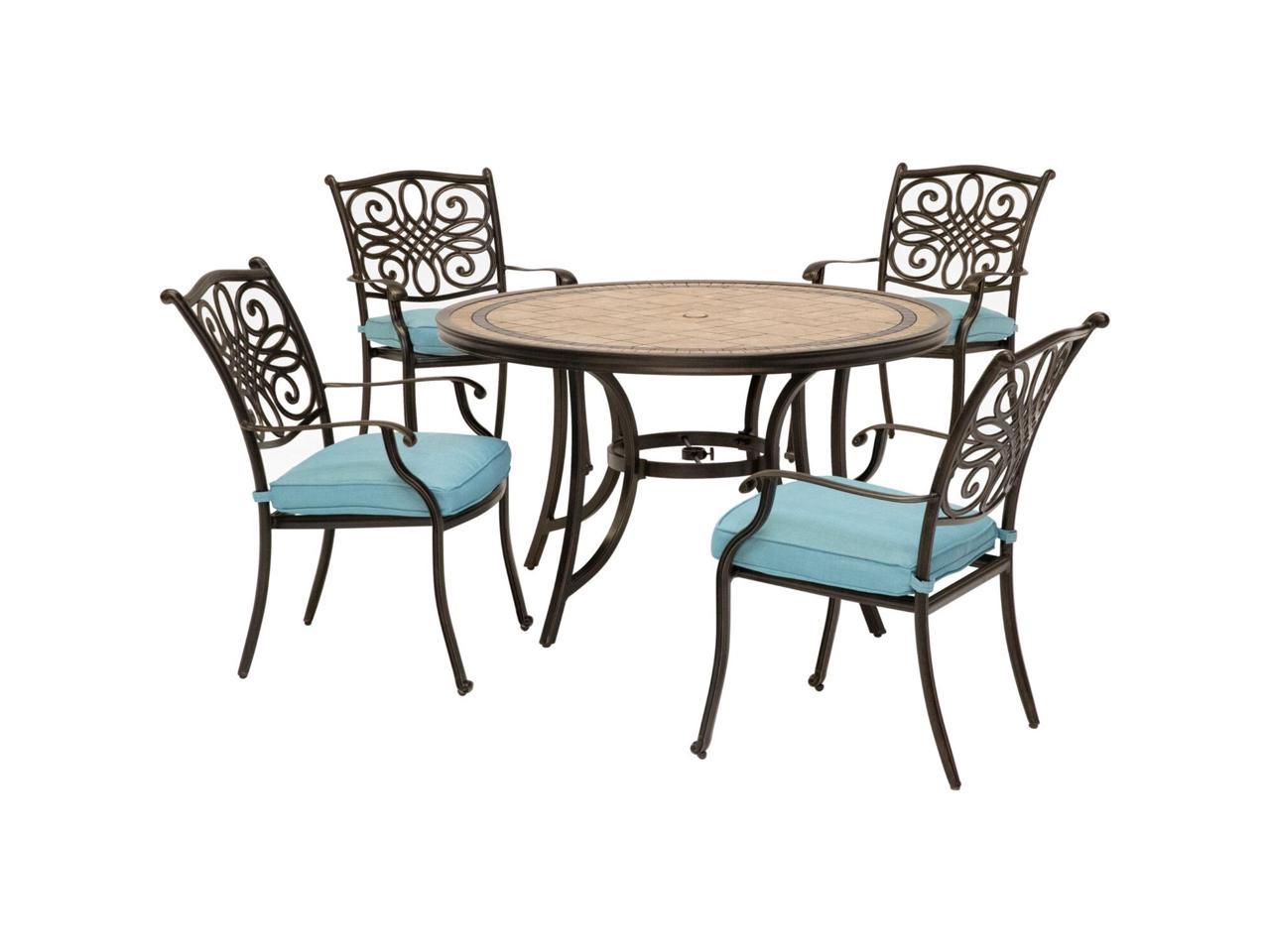 Hanover Monaco 5 Piece Aluminum Outdoor Dining Set With Blue Cushions 4 Dining Chairs And Tile Top Table Newegg Com