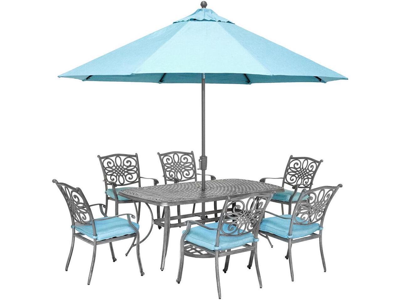 Traditions 7 Piece Gray Patio Dining Set With 6 Chairs Blue Cushions Cast Top Dining Table And Umbrella With Stand Newegg Com